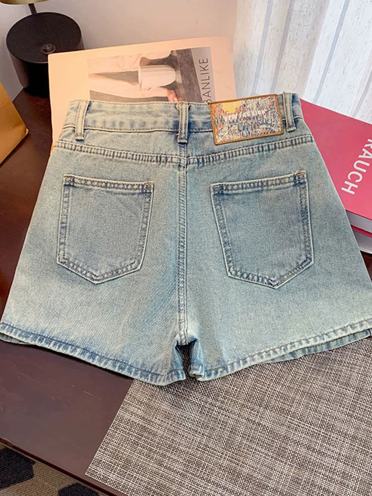 Quần short denim dáng chữ A dành cho nữ, size lớn mùa hè, cạp cao, che hông, dáng nhỏ nhắn, tôn dáng, quần ống rộng