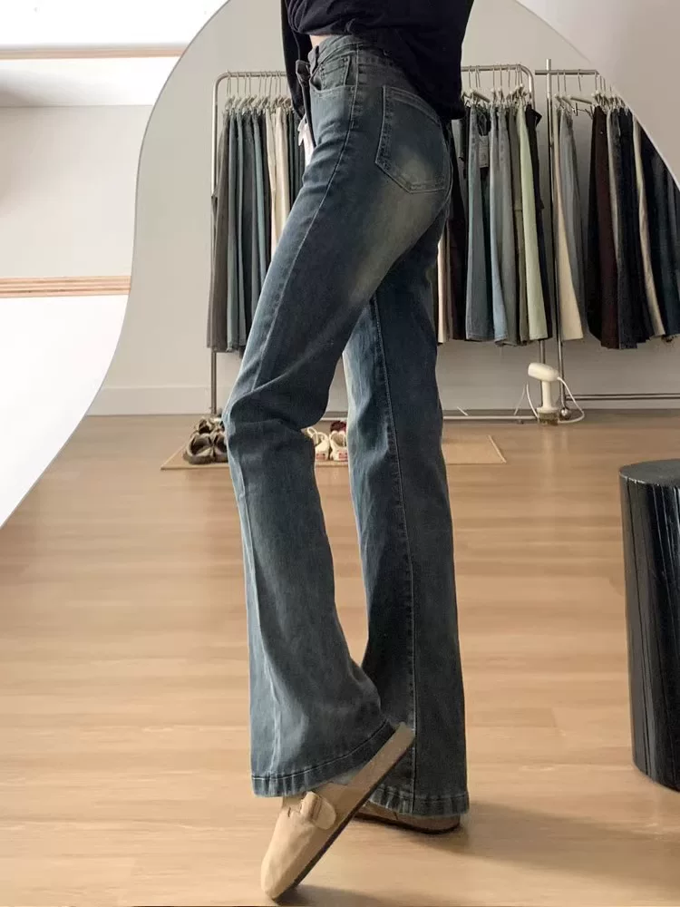 Quần jean xòe màu xanh cổ điển dáng quả lê dành cho nữ phong cách đầu thu cỡ lớn quần ống rộng che hông cạp cao giảm béo