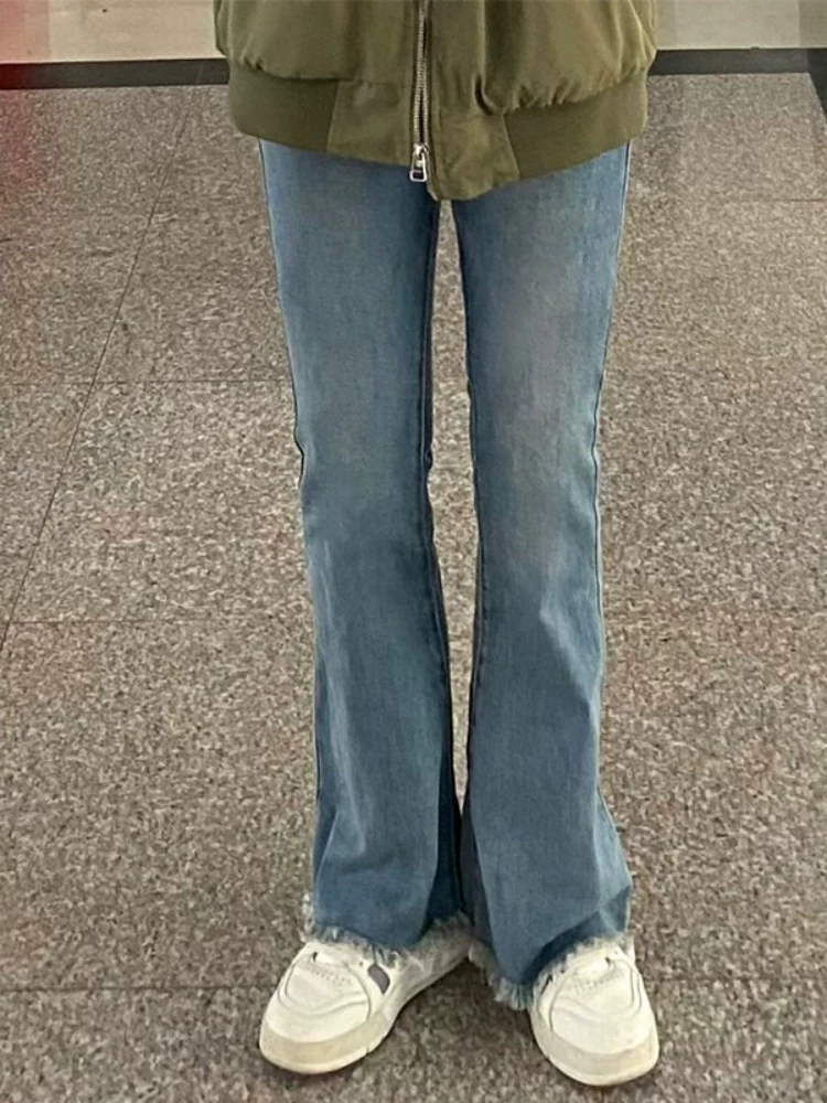 Quần jean dáng lê dành cho nữ, lót lông cừu mùa thu đông, cỡ lớn, lưng cao, thon gọn, co giãn, viền xù, quần ống loe, hợp thời trang.