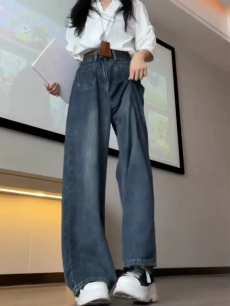 Quần jean ống đứng cho nữ, kiểu dáng mùa thu mới, cỡ lớn, lưng cao, dáng rộng, che hông, giảm béo, quần ống rộng dáng chữ A mềm mại