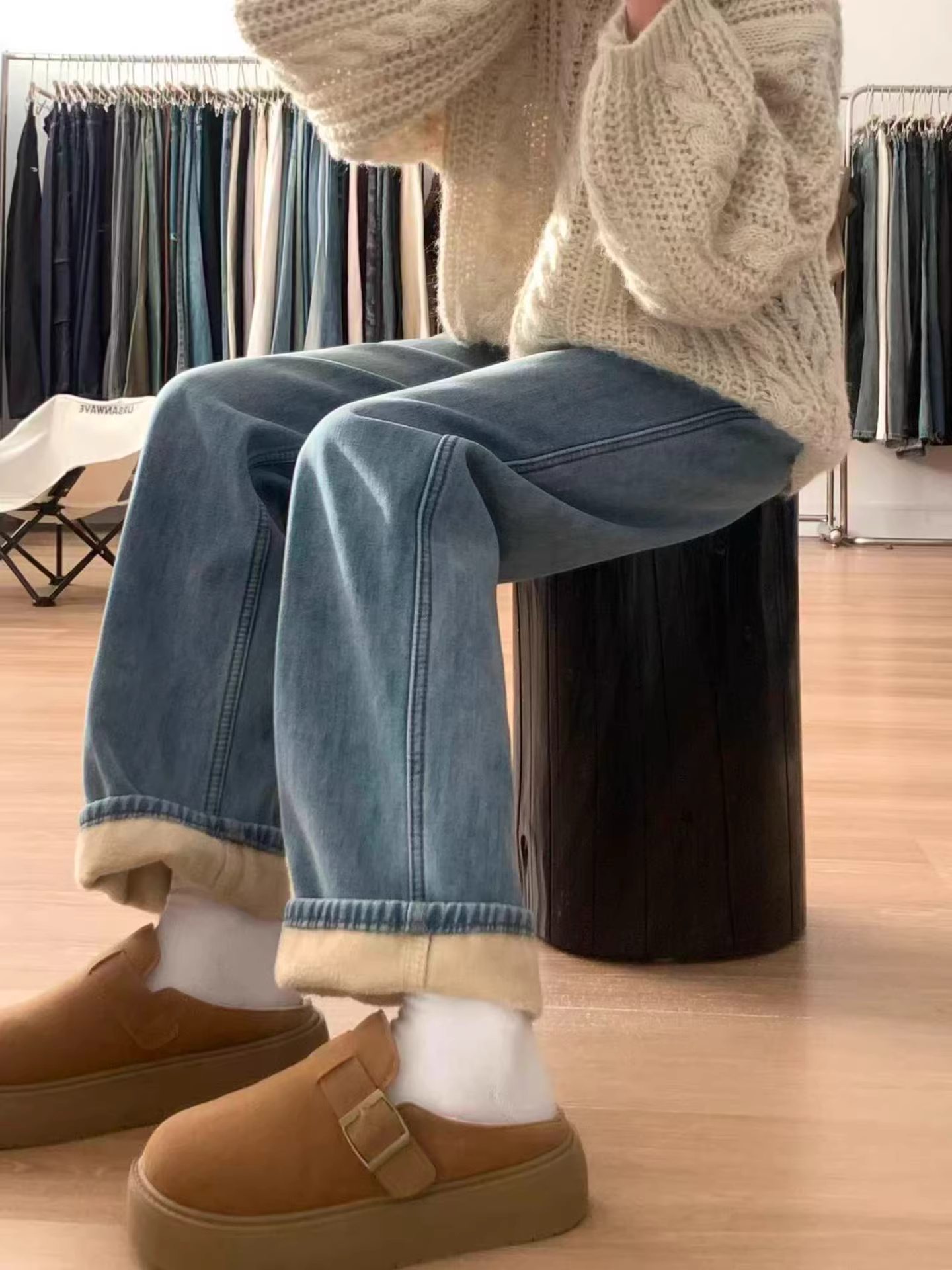 Quần jean ống đứng lưng cao màu xanh lam dành cho nữ, mùa thu đông, cỡ lớn, lót lông cừu, dày dặn, giảm béo, dáng quả lê, quần ống rộng