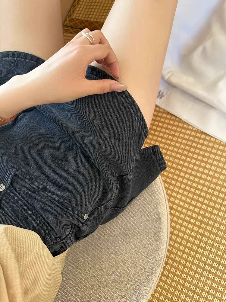 Quần short denim xẻ tà lưng cao dáng quả lê dành cho nữ, size lớn mùa hè, dáng nhỏ nhắn, co giãn, quần chữ A tôn dáng