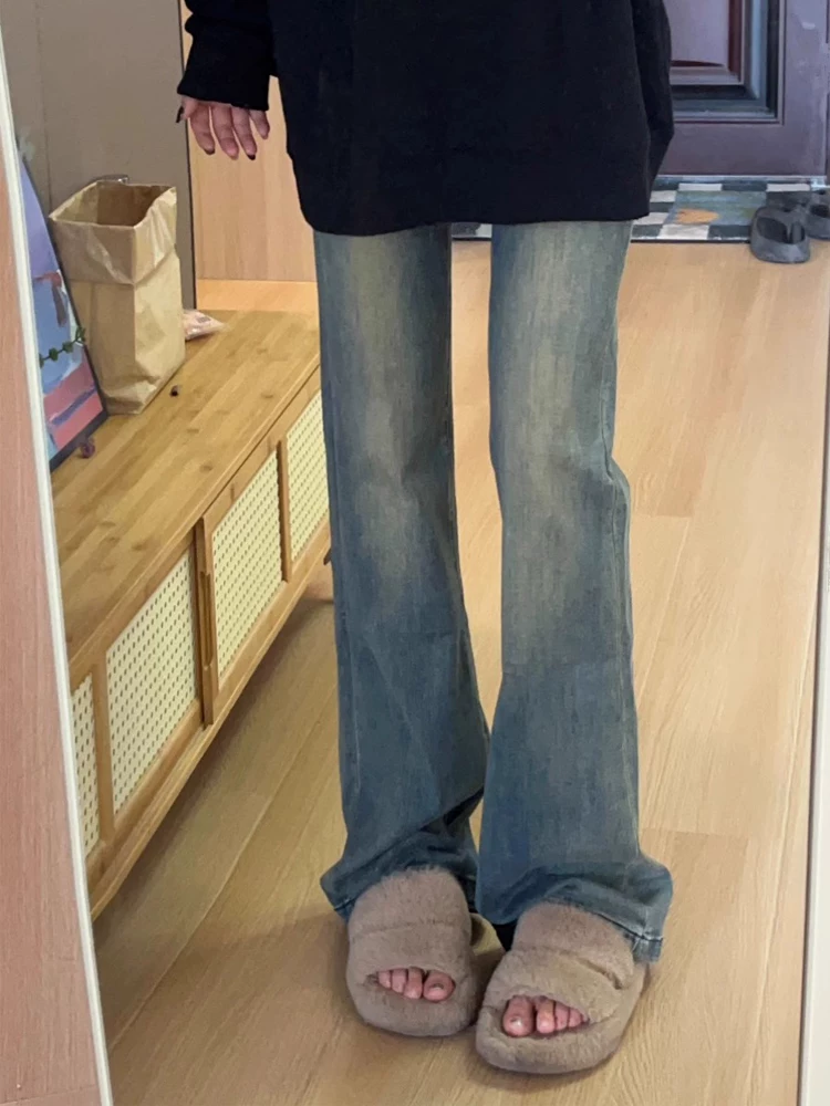 Quần jean ống loe thẳng màu xanh retro kiểu Mỹ dành cho nữ, lót lông cừu, dày dặn, cỡ lớn, cạp cao, co giãn, quần ống loe tôn dáng.