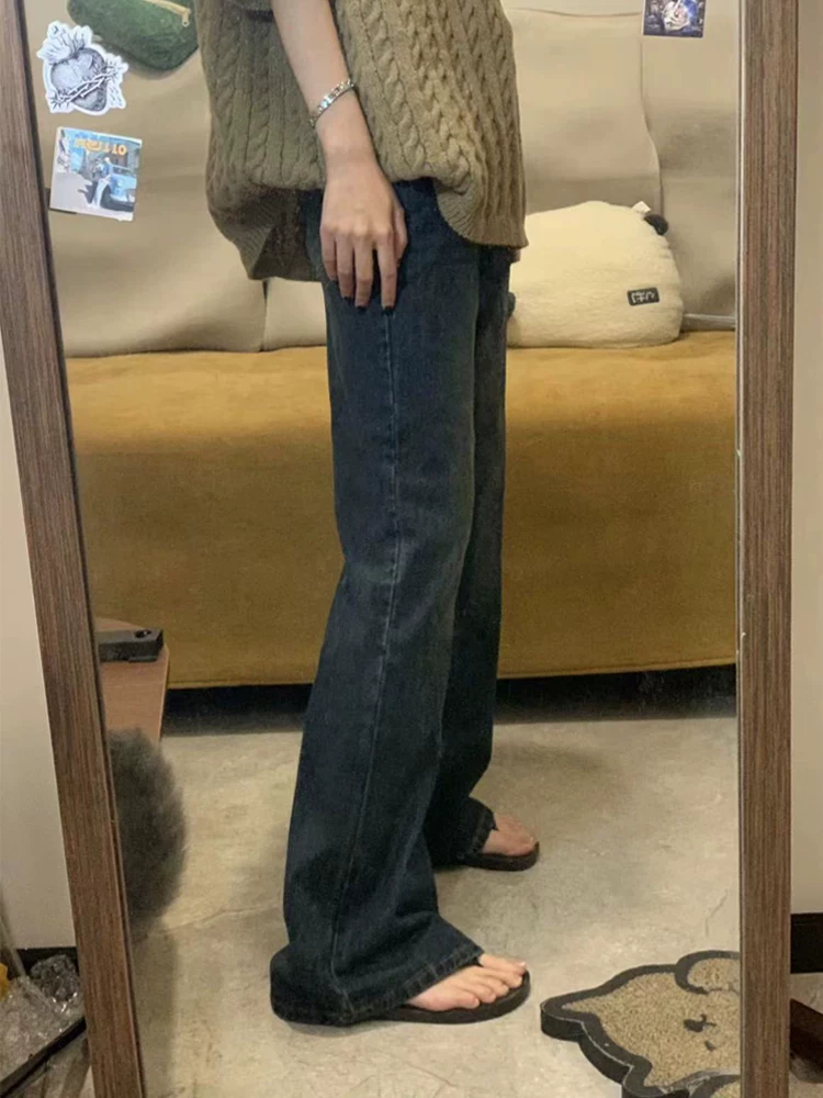 Quần jean ống rộng dáng quả lê dành cho nữ, size lớn mùa thu, lưng cao, dáng rộng, tôn dáng, không bó sát chân, quần ống chuông