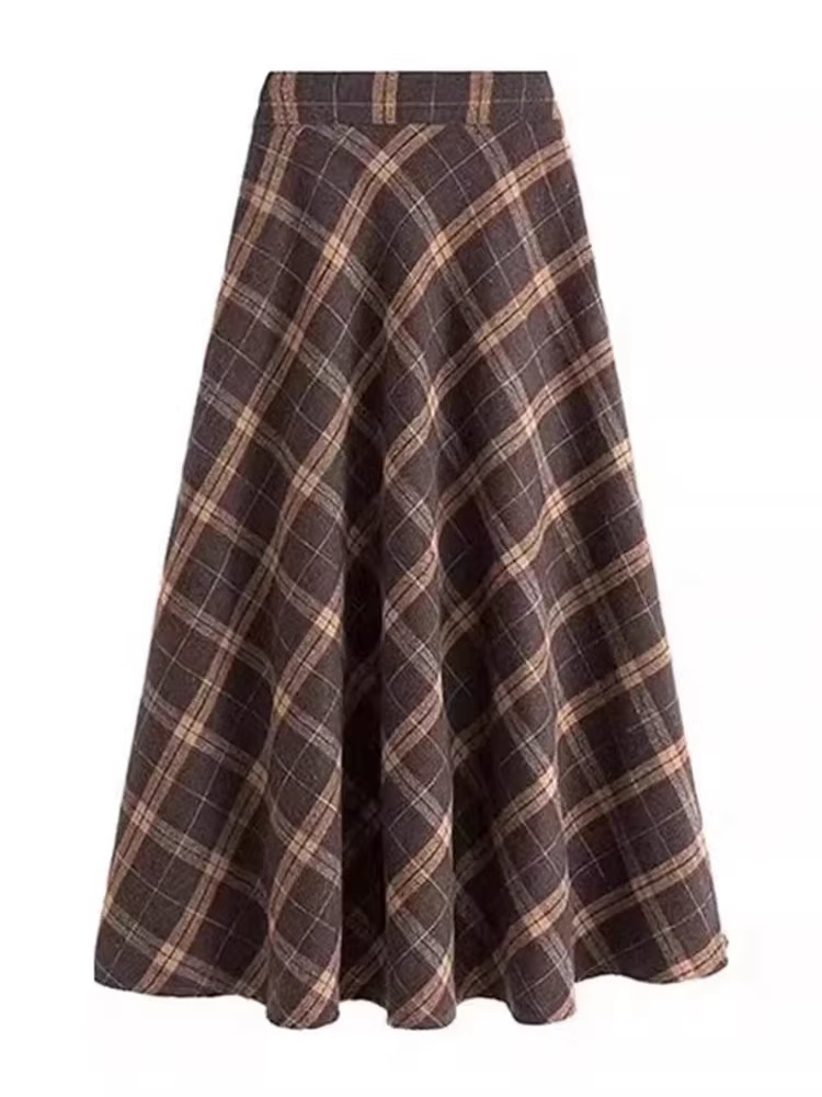 Váy kẻ sọc cho nữ, kiểu dáng thu đông mới, cỡ lớn, lưng cao, thon gọn, che hông, váy chữ A, váy dài vừa phải.