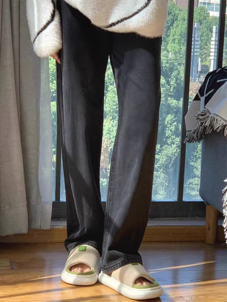 Quần jean ống thẳng màu đen và xám cỡ lớn dành cho nữ, mùa thu đông, lót lông cừu, dày dặn, cạp cao, dáng rộng, tôn dáng, ống rộng, quần dài chạm sàn.