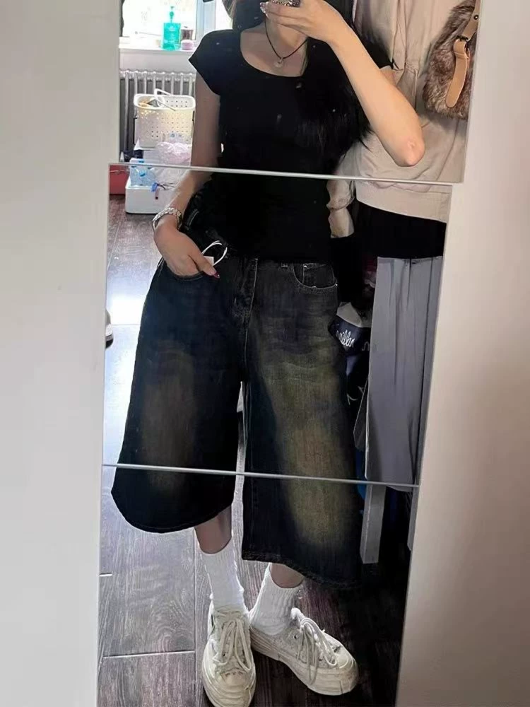 Quần short denim ống đứng cổ điển dành cho nữ, kiểu mới hè 2025, size lớn, cạp cao, rộng rãi, tôn dáng, ống rộng, quần lửng.