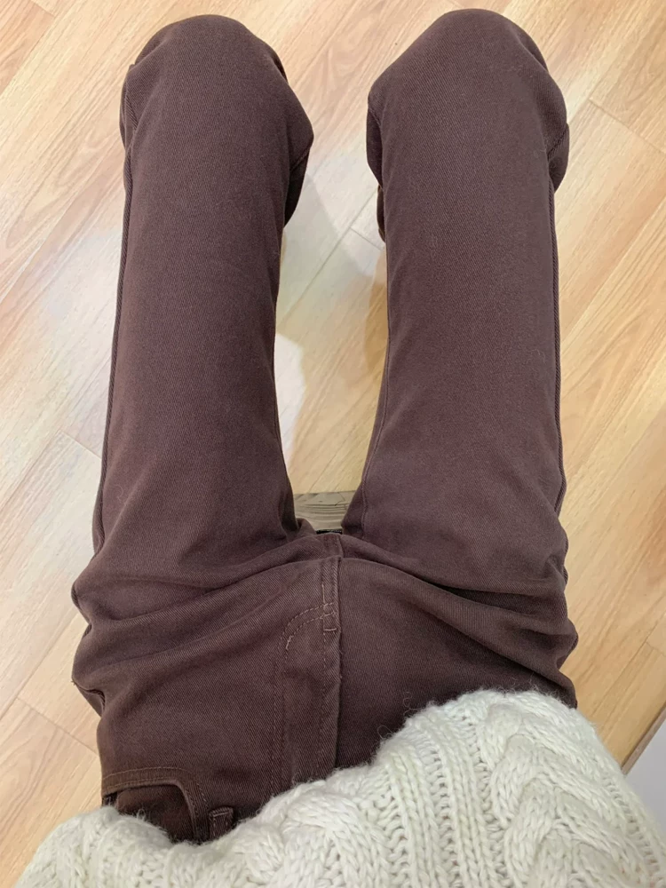 Quần jean ống loe dày lót lông cừu màu nâu dành cho nữ, mùa thu đông, cỡ lớn, lưng cao, co giãn, che hông, giảm béo, quần ống loe.