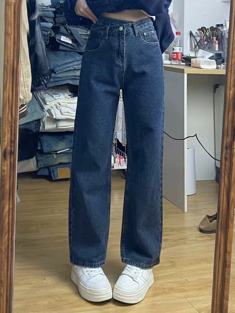 Quần jean ống đứng dáng quả lê dành cho nữ, phong cách đầu xuân, cỡ lớn, lưng cao, che hông, quần ống rộng giảm béo