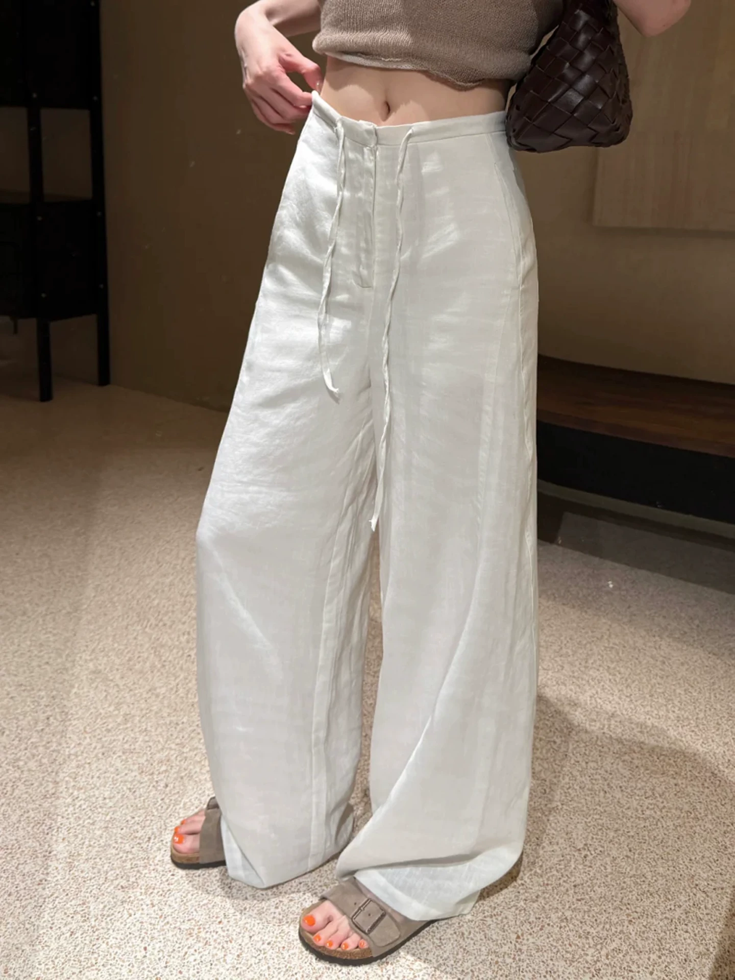 Quần vải lanh nữ mùa hè 2025, chất liệu mỏng, size lớn, plus size, cạp cao, dáng suôn, tôn dáng, dành cho người có thân hình quả lê, quần ống rộng dài