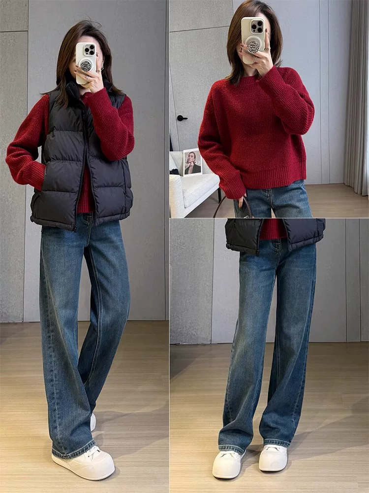 Quần jean ống rộng màu xanh cổ điển dành cho nữ, kiểu dáng mùa xuân mới, cỡ lớn, lưng cao, che hông, giảm béo, ống thẳng, quần dài chạm sàn.