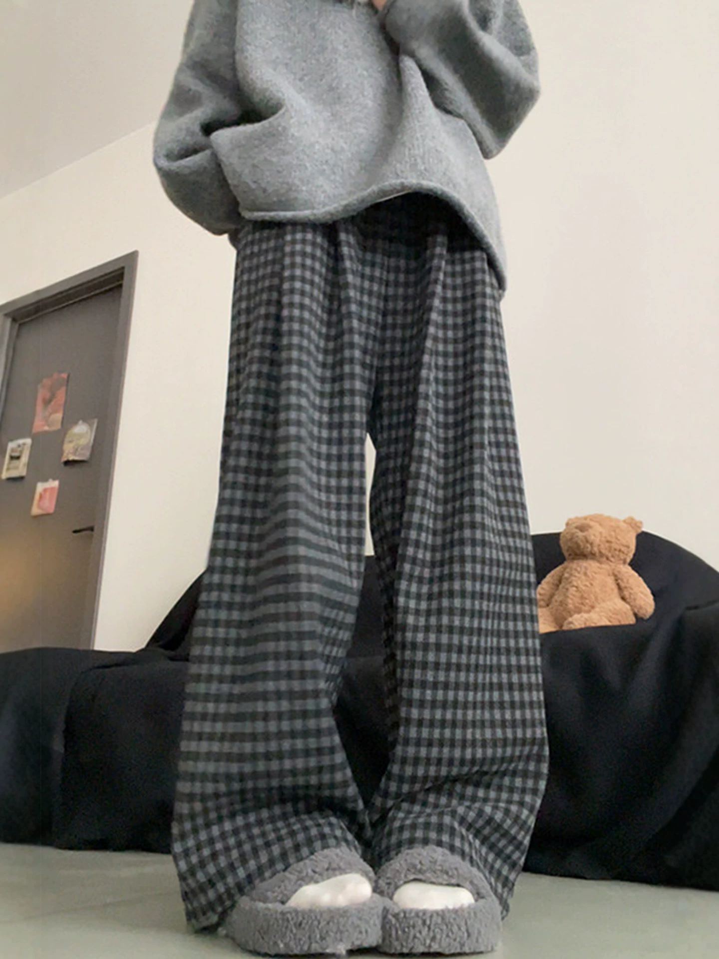 Quần ống rộng phong cách retro lười biếng dành cho nữ, lót lông cừu mùa đông, cỡ lớn, lưng cao, dáng rộng, mềm mại, tôn dáng, quần dài thường ngày