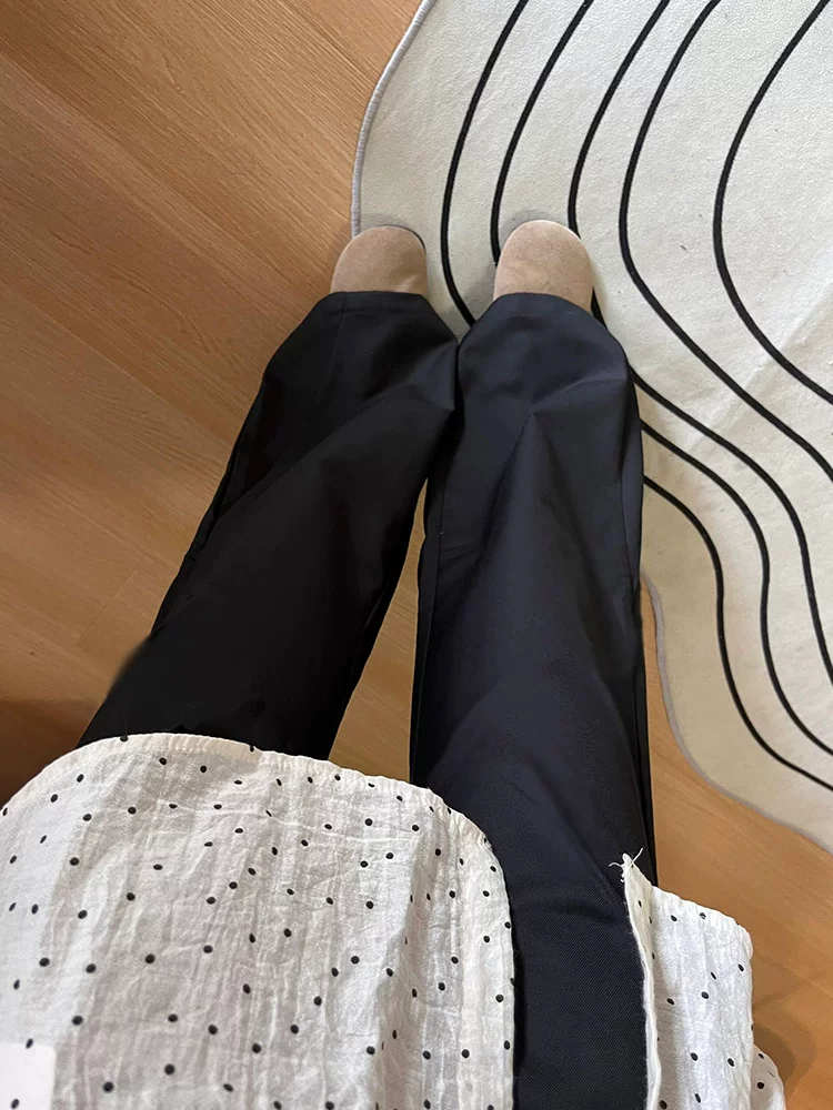 Quần âu đen thường ngày dành cho nữ, kiểu dáng mùa thu mới, cỡ lớn, lưng cao, dáng rộng, tôn dáng, nhỏ nhắn, quần ống rộng thoải mái.