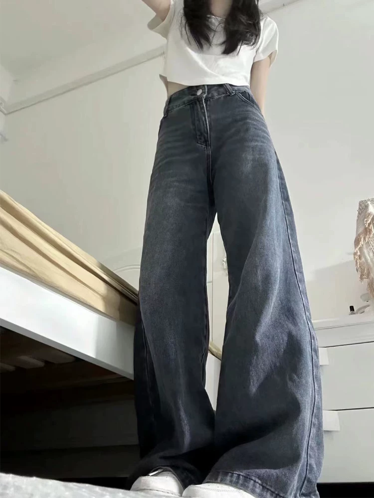 Quần jean ống loe màu đen và xám dành cho nữ, kiểu dáng mùa thu mới, cỡ lớn, cạp cao, dáng rộng, che hông, giảm béo, quần ống rộng chuông.