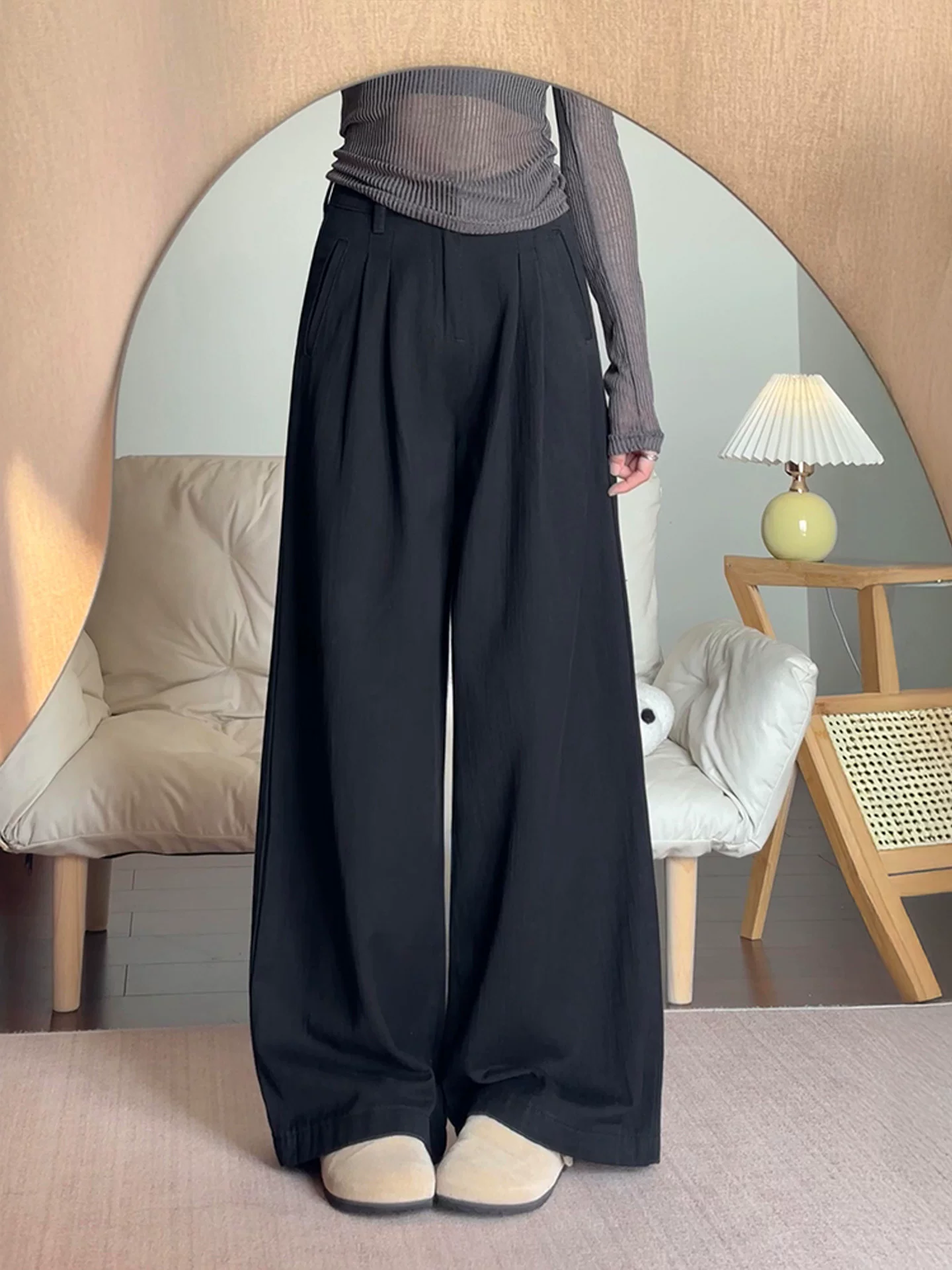 Quần jean ống rộng màu đen dành cho nữ, phong cách mùa thu mới, cỡ lớn, lưng cao, dáng rộng, giảm béo, dáng quả lê, quần dài đến sàn