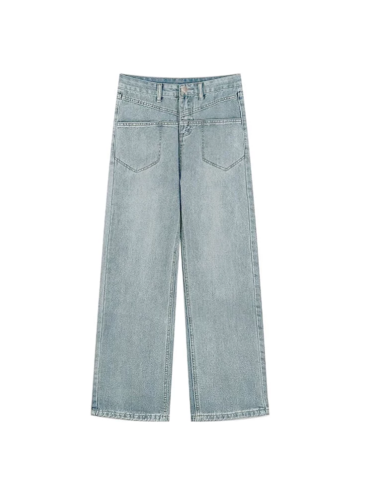 Quần jean ống đứng màu xanh nhạt dành cho nữ, kiểu dáng thu đông mới, lót lông cừu và dày dặn, cỡ lớn, lưng cao, che hông, giảm béo, quần ống rộng.