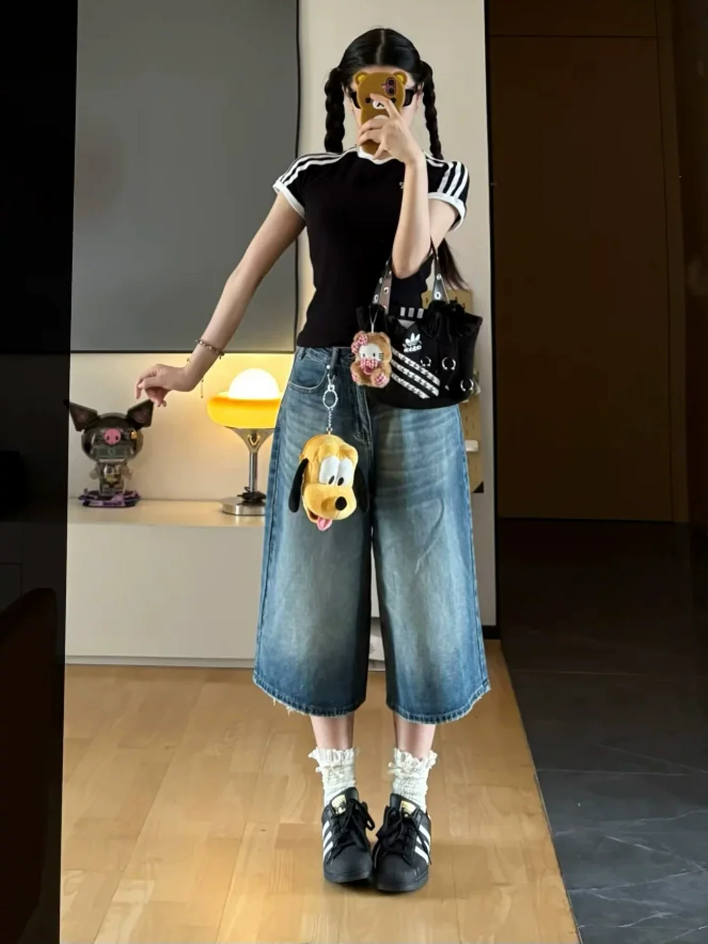 Quần short denim ống rộng kiểu Mỹ cổ điển dành cho nữ, cỡ lớn mùa hè, lưng cao, dáng rộng, thon gọn, quần bảy phần.