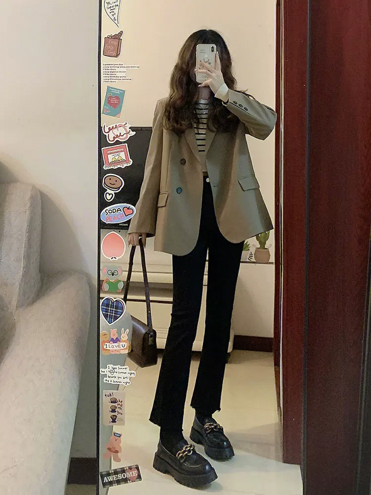 Quần jean dáng chuông dành cho nữ, size lớn, dáng hơi mũm mĩm, mặc đầu thu, cạp cao, co giãn, che hông, ống thẳng, quần lửng