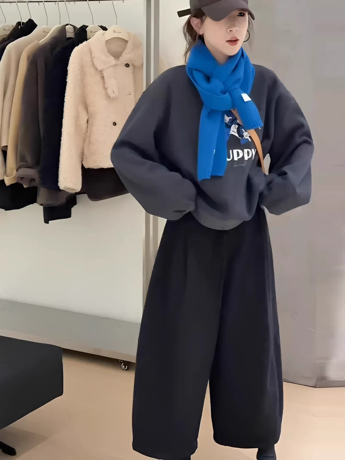 Quần ống rộng bằng len cho nữ, lót lông cừu mùa đông, cỡ lớn, lưng cao, dáng rộng, dáng suông, quần lửng dành cho phụ nữ nhỏ nhắn, quần bà ngoại thường ngày.