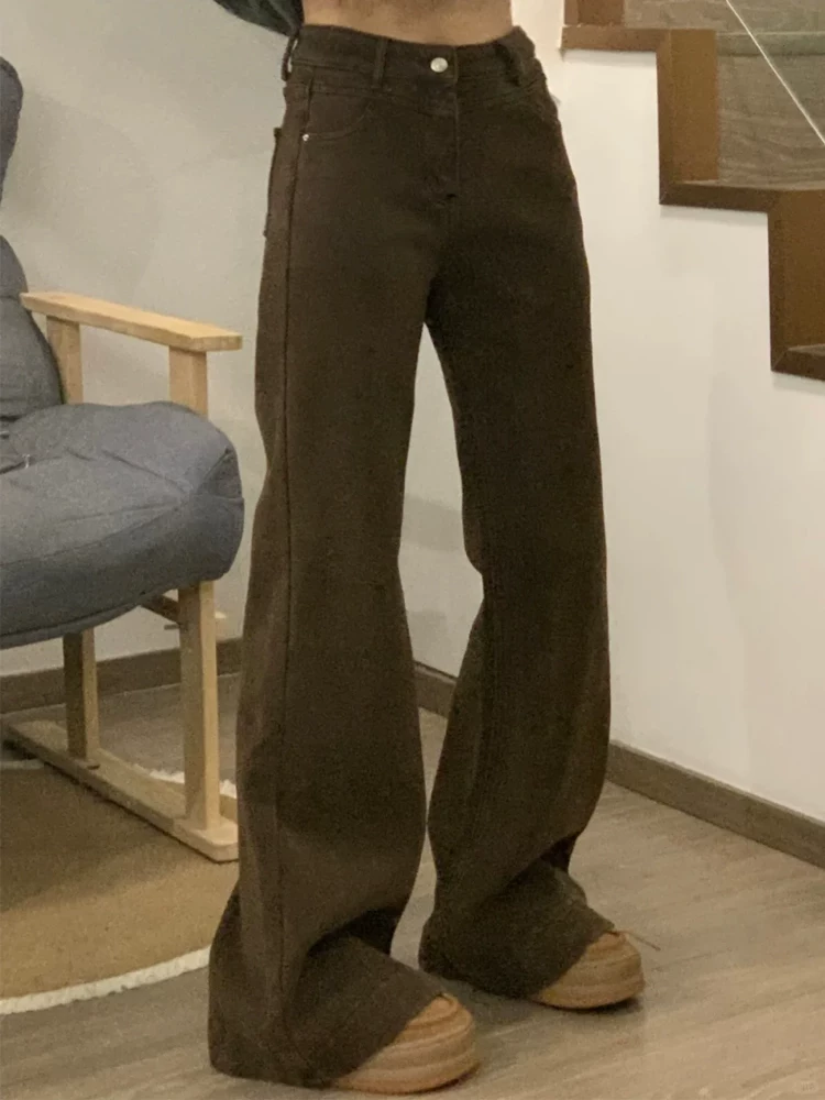 Quần ống loe màu cà phê Melard dành cho nữ, mùa thu đông, cỡ lớn, lót lông cừu, dày dặn, cạp cao, co giãn, che hông, quần denim thon gọn.