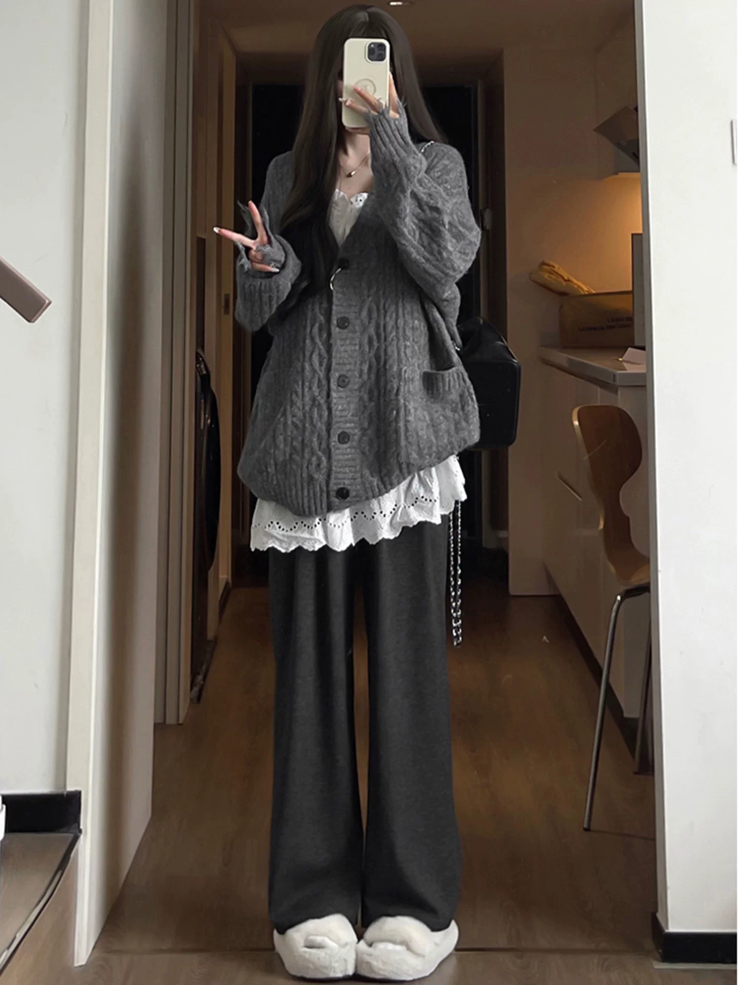 Quần ống rộng cạp cao dành cho nữ, mùa thu đông, lót lông cừu, dày dặn, cỡ lớn, dáng rộng, phong cách lười biếng, giảm béo, quần dài thường ngày.