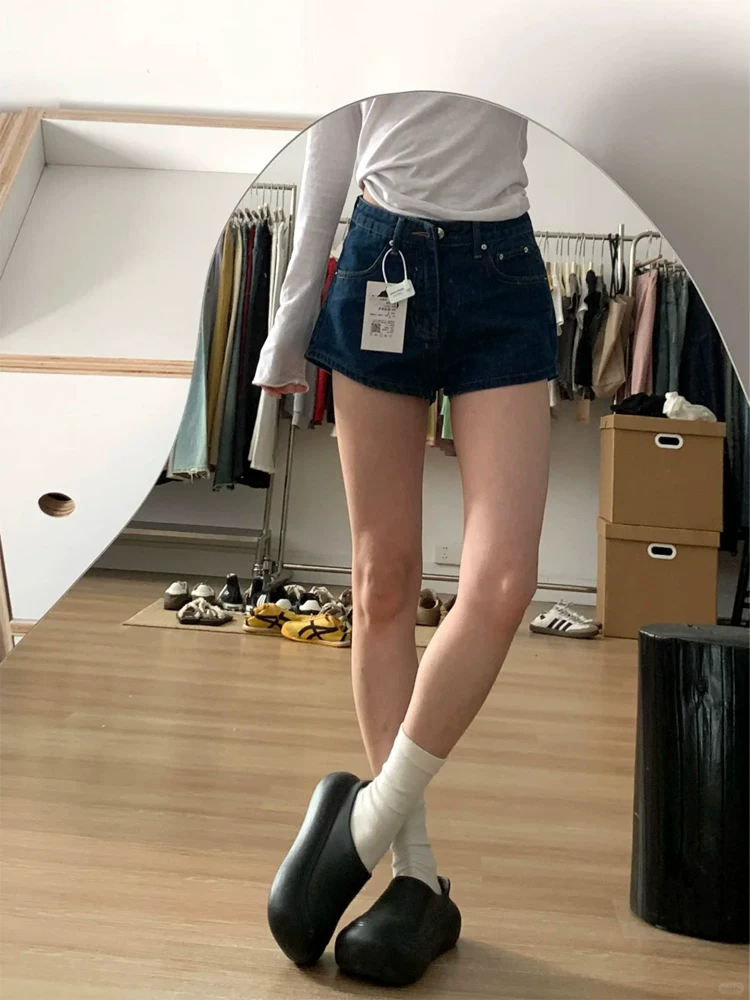 Quần short denim màu xanh đậm dành cho nữ, cỡ lớn mùa hè, lưng cao, che hông, giảm béo, dáng quả lê, quần ống rộng chữ A