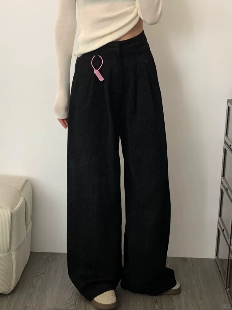 Quần jean đen xếp ly ống rộng cho nữ, mùa thu, cỡ lớn, lưng cao, dáng rộng, che hông, tôn dáng, chất liệu có vân, quần dài chạm sàn