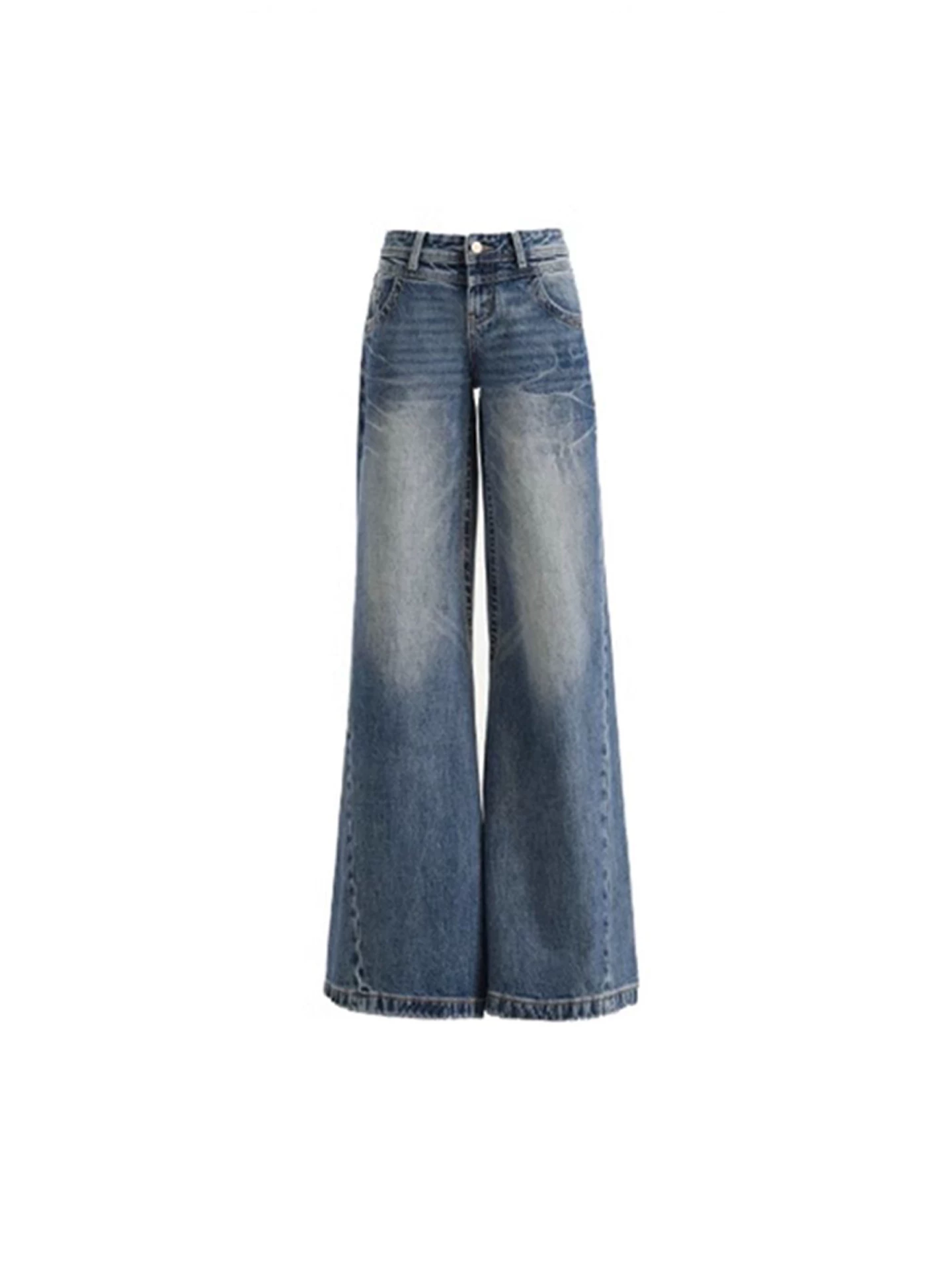 Quần jean ống loe lưng cao cho nữ, mùa thu, cỡ lớn, không bó sát ở chân, giảm béo, quần hình lưỡi liềm, phong cách Mỹ, quần ống rộng thoải mái