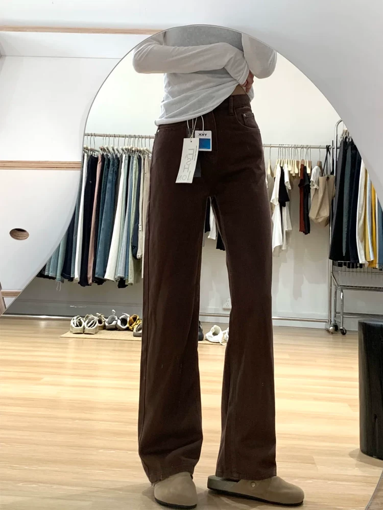 Quần jean nữ màu cà phê, dáng thẳng ôm dáng, kiểu mới xuân 2025, size lớn, cạp cao, che hông, quần ống rộng tôn dáng