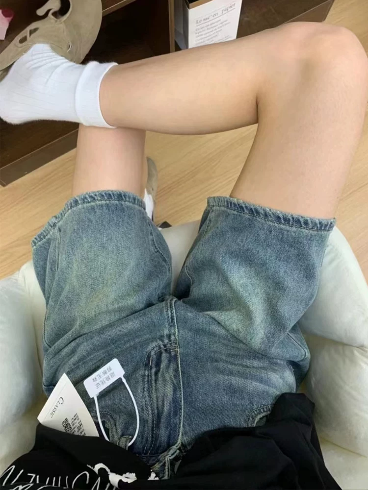 Quần short denim cổ điển hình quả lê dành cho nữ, cỡ lớn mùa hè, lưng cao, dáng rộng, giảm béo, quần ống rộng, quần short dài vừa phải.