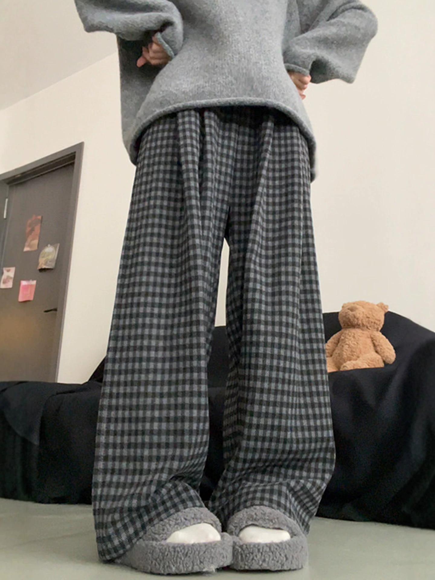 Quần ống rộng phong cách retro lười biếng dành cho nữ, lót lông cừu mùa đông, cỡ lớn, lưng cao, dáng rộng, mềm mại, tôn dáng, quần dài thường ngày