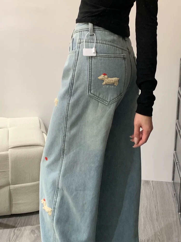 Quần jean ống đứng thêu hình chó dachshund dành cho nữ, phong cách thu đông, cỡ lớn, lưng cao, dáng rộng, dáng suông, quần ống rộng lót lông cừu