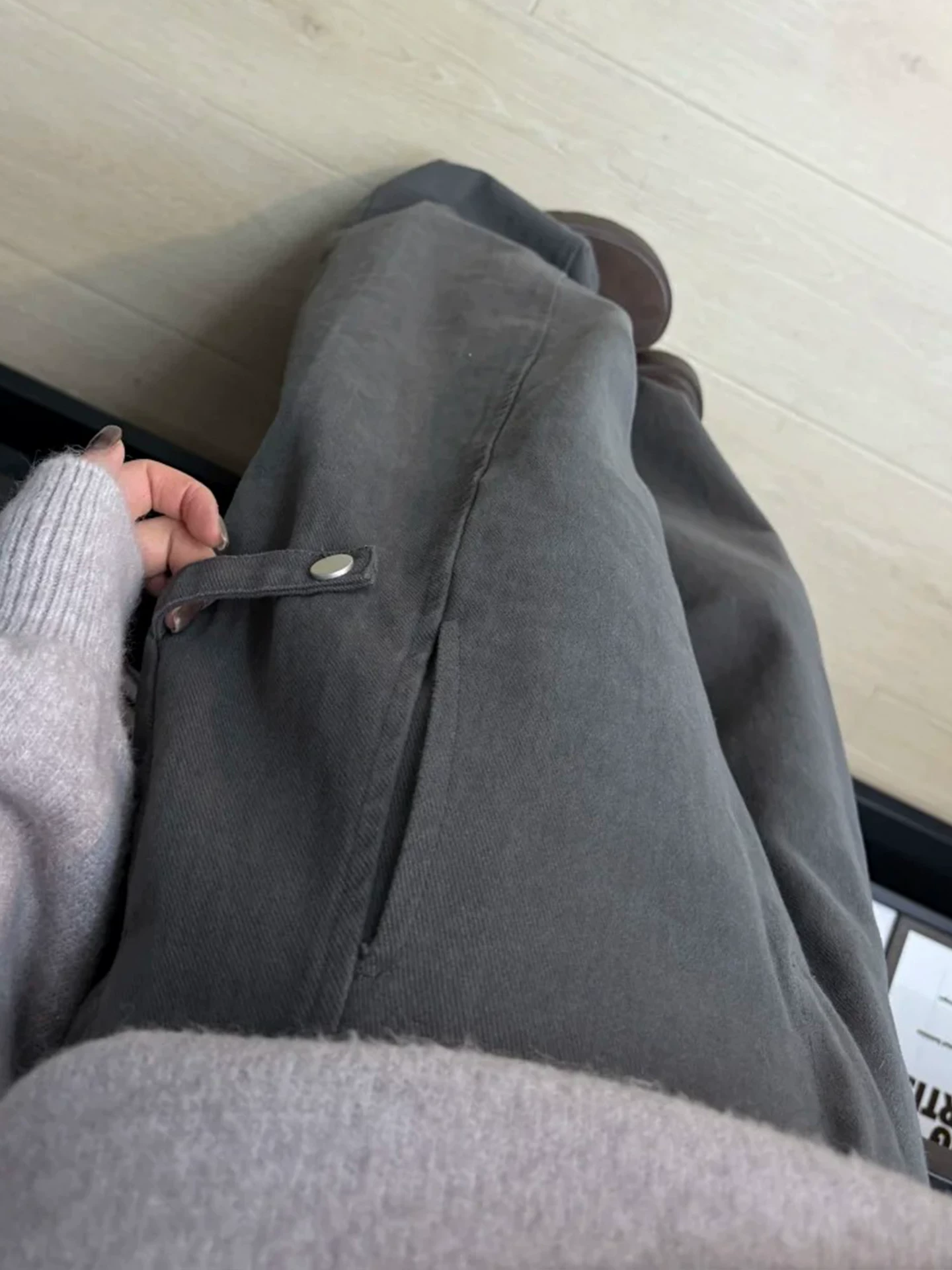 Quần ống rộng thường ngày lót lông màu xám dành cho nữ, cỡ lớn mùa đông, lưng cao, dáng rộng, thon gọn, dáng quả lê, quần cargo hình lưỡi kiếm