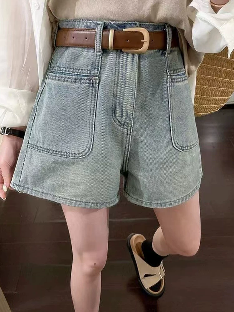 Quần short denim dáng chữ A dành cho nữ, size lớn mùa hè, cạp cao, che hông, giảm béo, dáng nhỏ nhắn, quần ống rộng