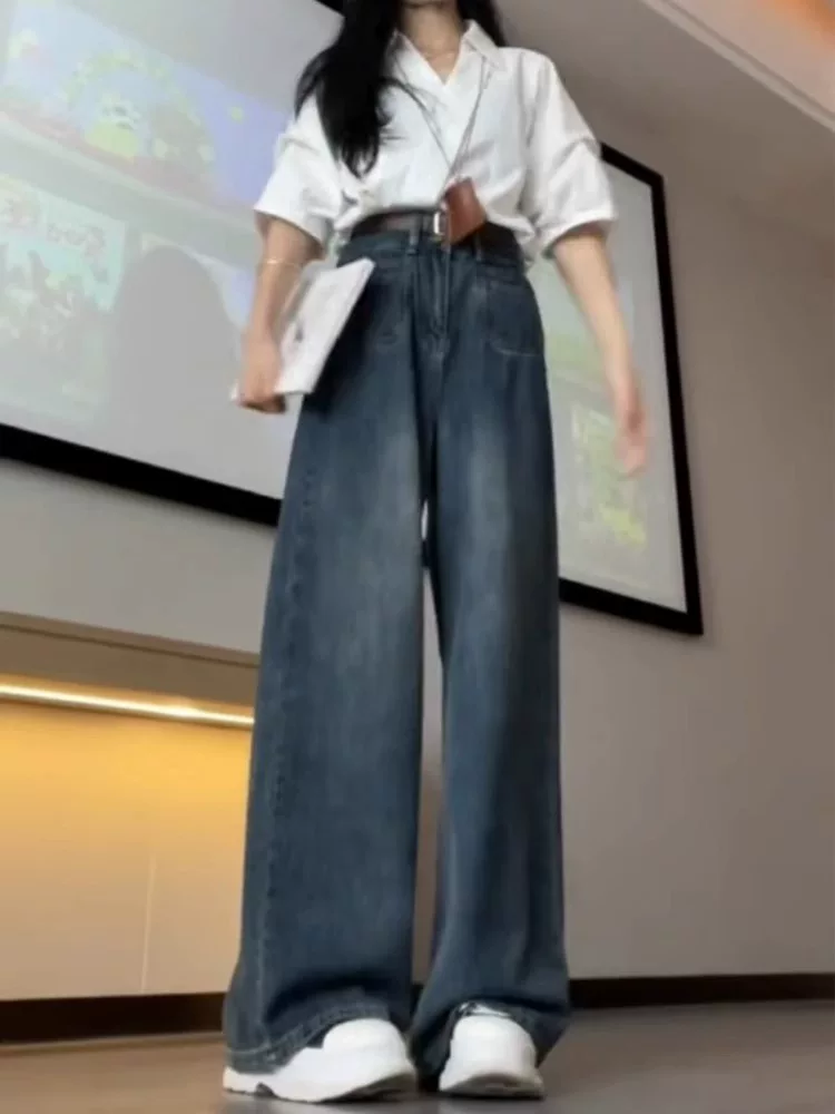 Quần jean ống đứng cho nữ, kiểu dáng mùa thu mới, cỡ lớn, lưng cao, dáng rộng, che hông, giảm béo, quần ống rộng dáng chữ A mềm mại