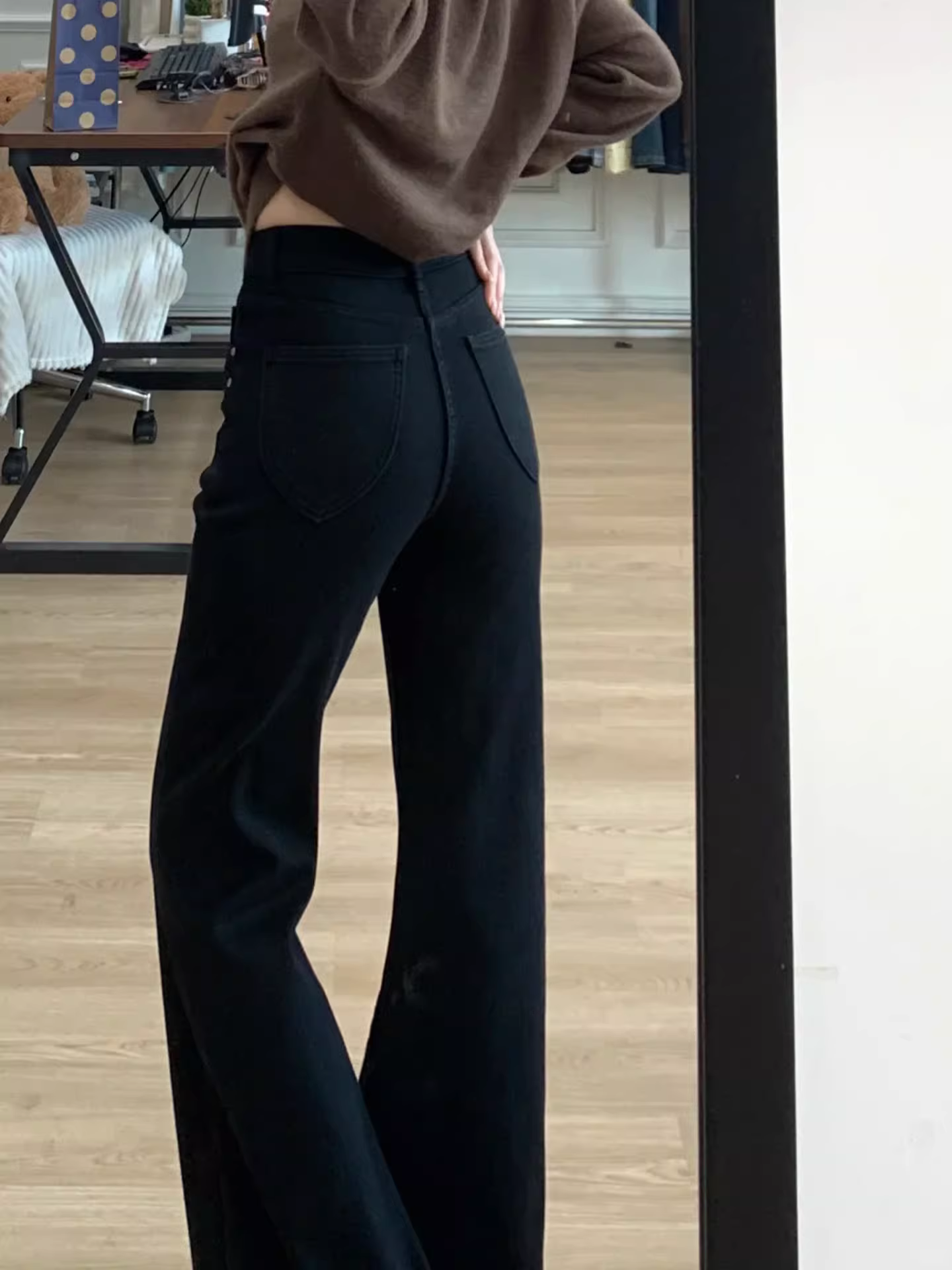 Quần jean ống loe lưng cao màu đen dành cho nữ, mùa thu đông, cỡ lớn, lót lông cừu, dày dặn, co giãn, giảm béo, quần ống chuông, dài đến sàn