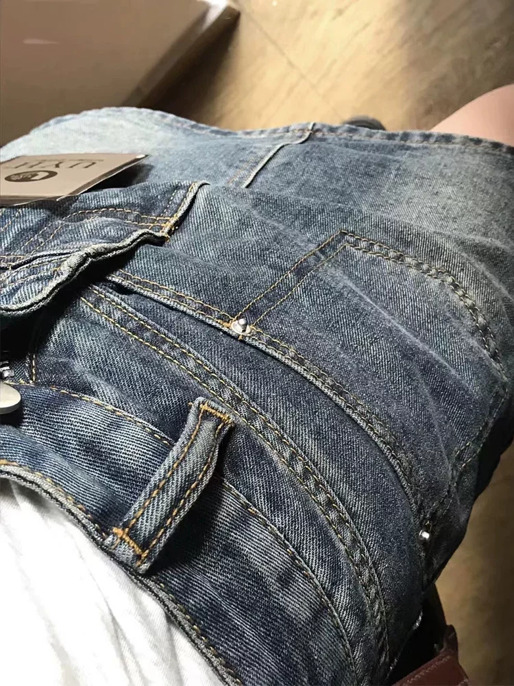 Váy ngắn denim màu xanh cổ điển hình quả lê dành cho nữ, kiểu dáng mỏng mùa hè, cỡ lớn, eo cao, che hông, váy chữ A thon gọn.