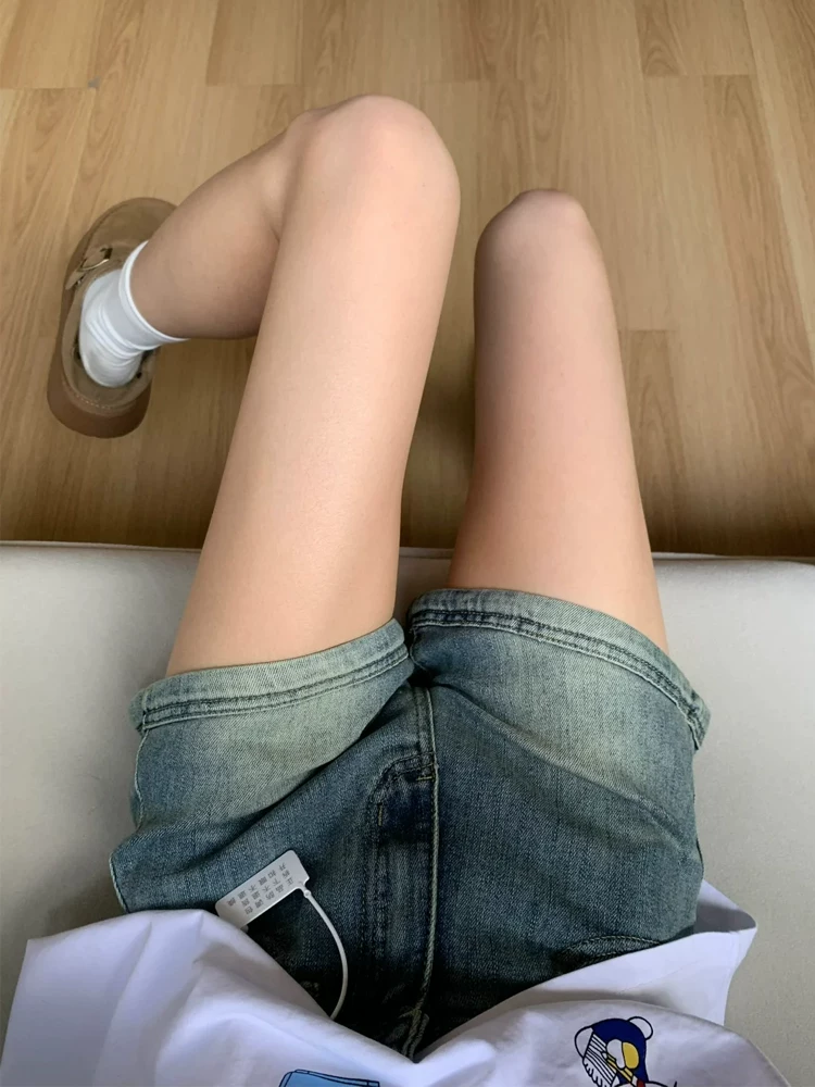 Quần short denim chữ A kiểu Mỹ cổ điển dành cho nữ, cỡ lớn mùa hè, cạp cao, che hông, giảm béo, dáng quả lê, quần ống rộng