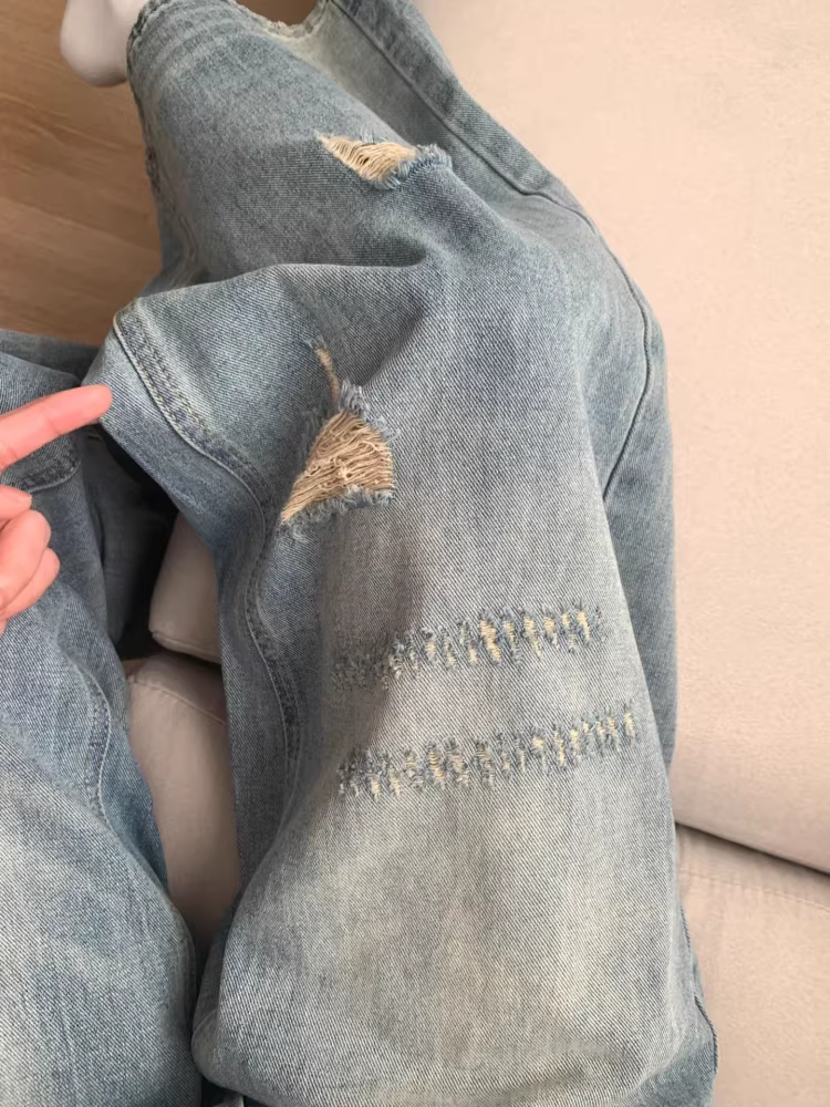 Quần jeans rách nữ, kiểu dáng mỏng mùa hè, size lớn, cạp cao, che bụng, tôn dáng, dành cho người có dáng quả lê, quần ống rộng thẳng