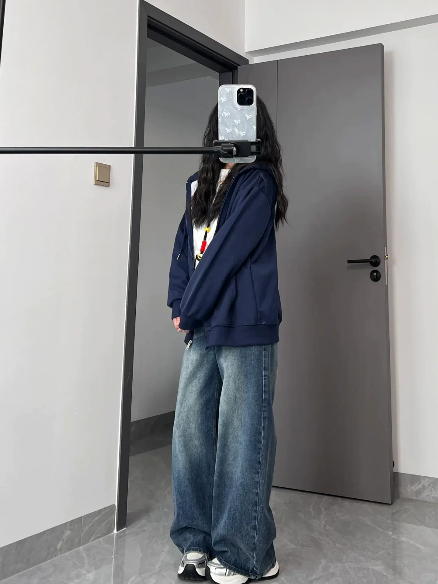 Quần jean ống rộng lưng cao màu xanh cổ điển dành cho nữ, mùa thu đông, lót lông cừu, cỡ lớn, dáng rộng cho người có thân hình quả lê, quần dài ống thẳng