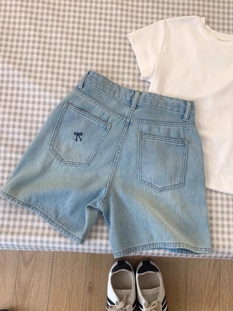 Quần short denim thêu nơ màu xanh nhạt cỡ lớn dành cho nữ mùa hè lưng cao dáng rộng dáng rộng quần ống rộng giảm béo