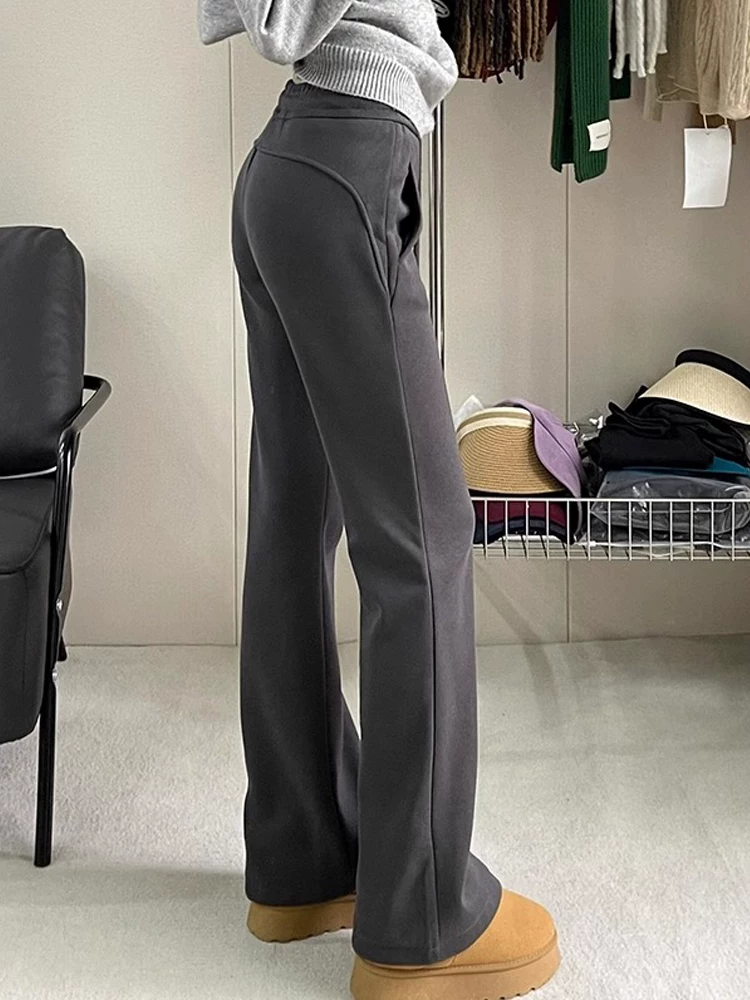 Quần ống loe thường ngày dành cho nữ, mùa thu đông, cỡ lớn, lót lông cừu, dày dặn, cạp cao, che hông, giảm béo, quần thể thao