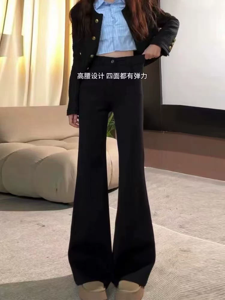 Quần jean loe nữ, lót lông cừu và dày dặn, thu đông 2025, size lớn, cạp cao, co giãn, che hông, tôn dáng, quần ống chuông