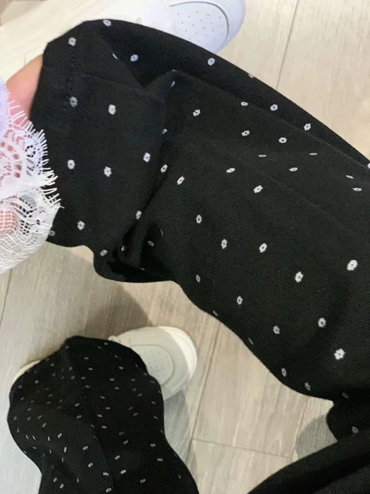 Quần jean ống đứng họa tiết hoa chấm bi phong cách Hàn Quốc dành cho nữ, đầu thu, cỡ lớn, lưng cao, dáng rộng, dáng rộng, quần dài ống rộng