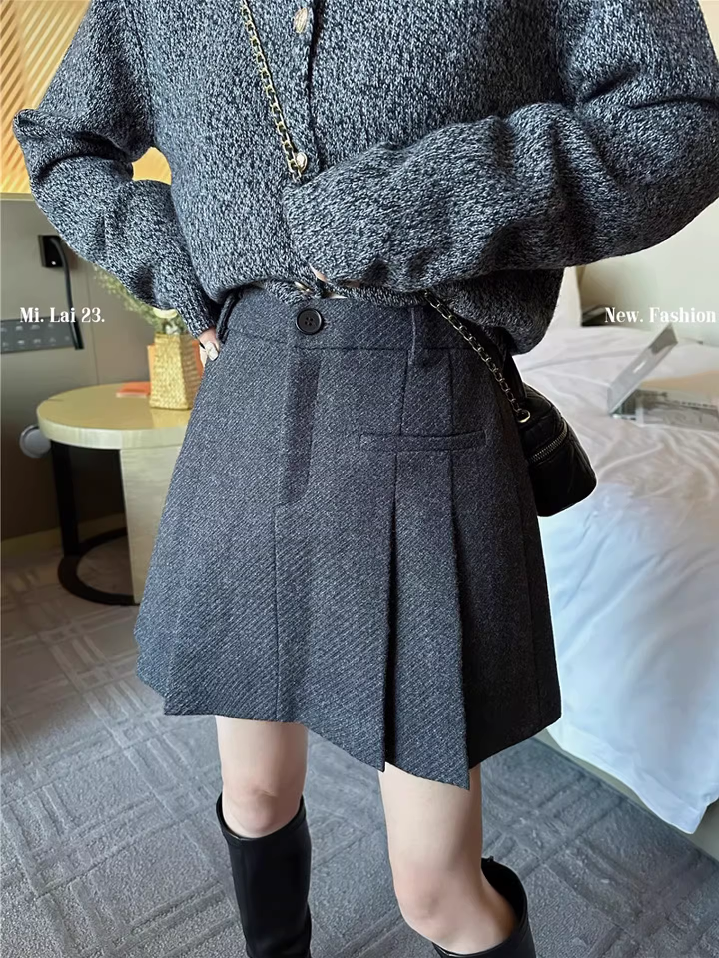 Váy len xếp ly cho nữ, mùa thu đông, cỡ lớn, lưng cao, che hông, giảm béo, dáng quả lê, chống lộ, váy ngắn chữ A