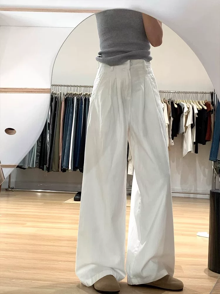 Quần âu nữ ống đứng màu trắng, hè 2025, chất liệu mỏng, size lớn, cạp cao, dáng rộng, suôn mềm, tôn dáng, quần ống rộng