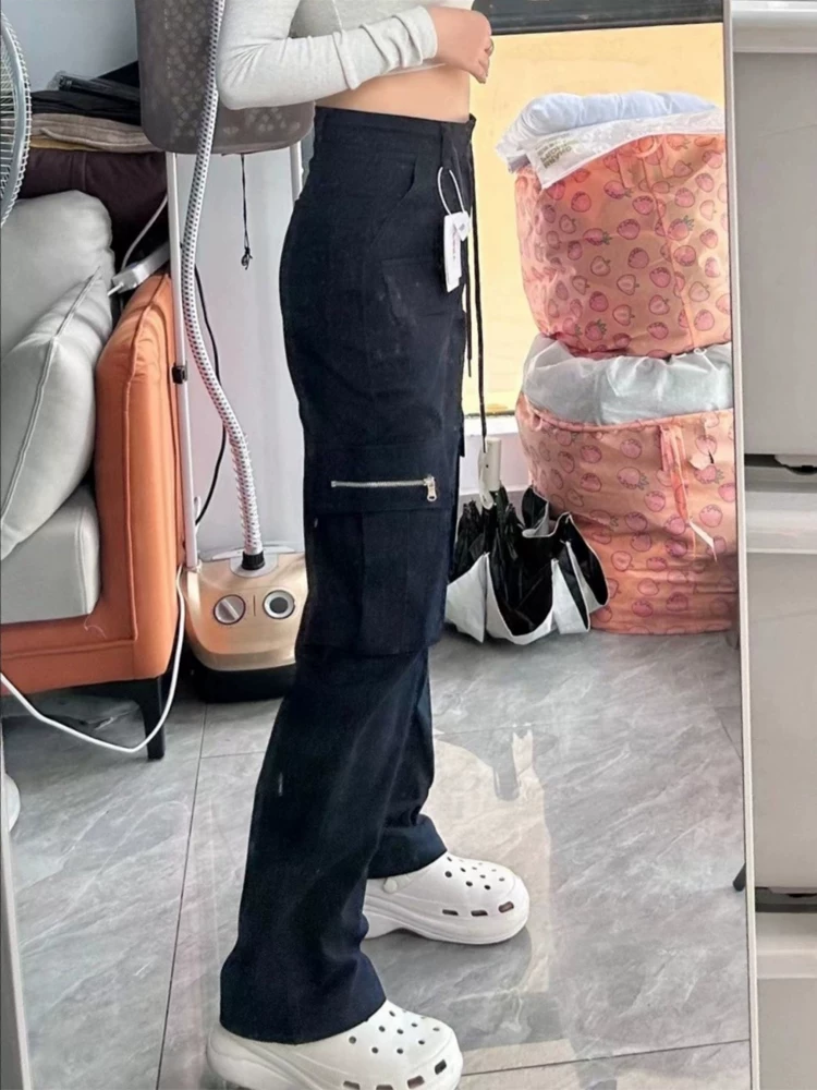 Quần cargo màu xanh hải quân dáng quả lê dành cho nữ, size lớn mùa hè, lưng cao, ống thẳng, dáng rộng, dáng suông, quần ống rộng thông thường