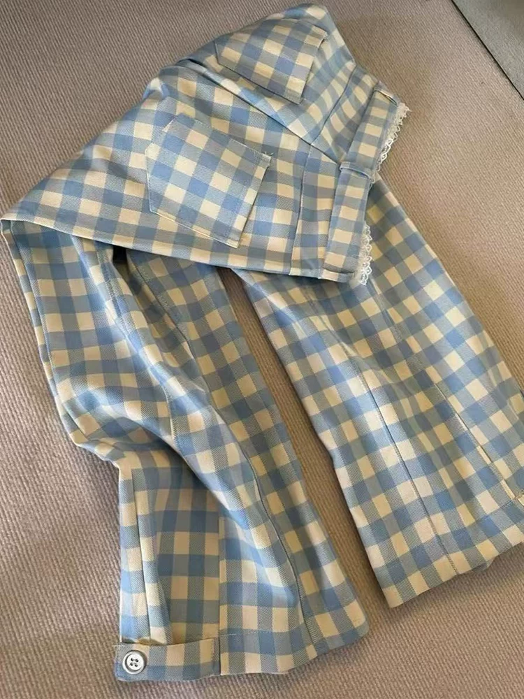 Quần kẻ xanh nữ mùa hè 2025 kiểu mới, size lớn, cạp cao, dáng rộng, tôn dáng, thẳng, chất liệu kaki, phong cách thường ngày