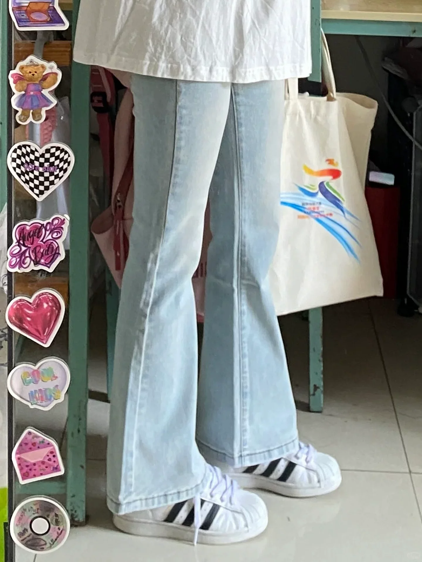 Quần jean bootcut màu xanh nhạt dành cho nữ, mùa thu, cỡ lớn, dáng quả lê, lưng cao, co giãn, giảm béo, nhỏ nhắn, quần móng ngựa