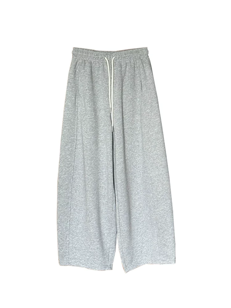 Quần ống rộng màu xám cho nữ, mùa thu, cỡ lớn, lưng cao, quần rộng rãi, quần lửng dáng nhỏ, quần thể thao cây dương
